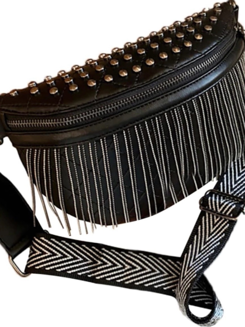 Black Studded Fringe Crossbody Bag with Patterned Strap